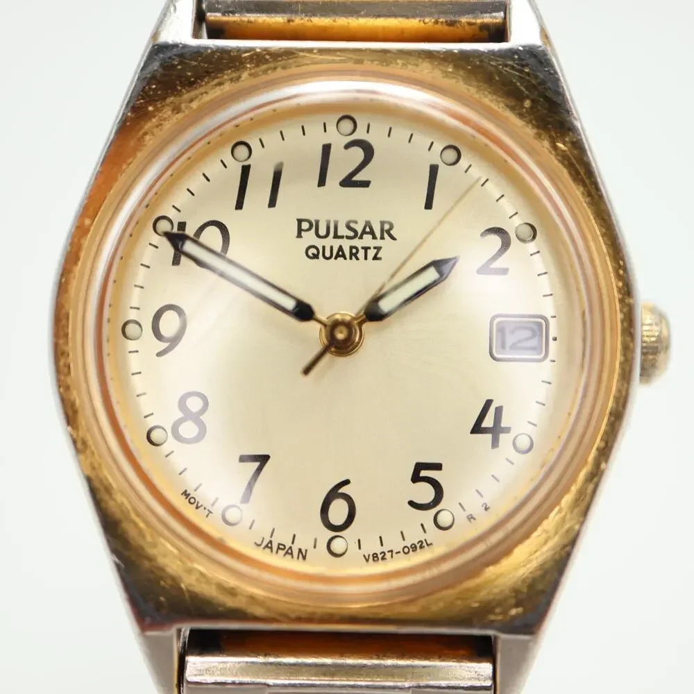 Vintage Pulsar by Seiko Gold Tone 24mm Womens Watch Date V827-0430 w New Battery